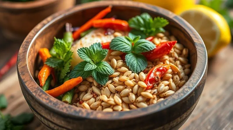 photorealistic, professional photography, 8K, cinematic lighting, sharp focus, depth of field, shot on a high-end DSLR, a close-up of a rustic wooden bowl filled with vibrant, healthy ingredients: colorful spices, fresh herbs (cilantro, mint, basil), lemon and lime zest, a small portion of toasted pumpkin seeds, and a hint of red chili flakes, artfully arranged to symbolize innovative flavor combinations for a healthy meal. The lighting highlights the freshness and textures.