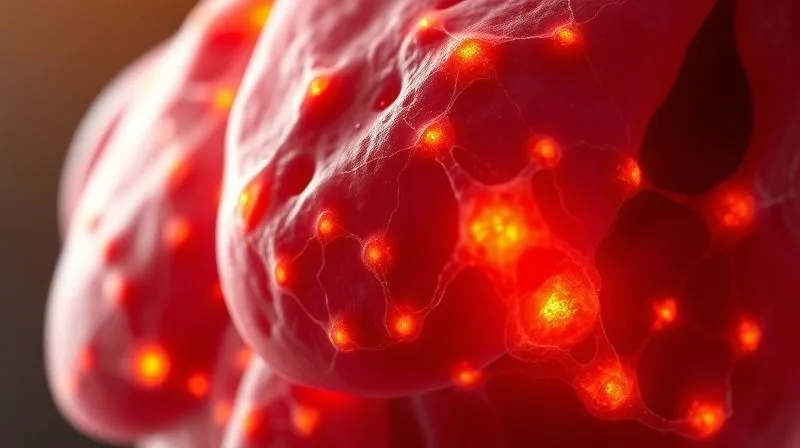 A photorealistic close-up of a human body's cellular level, with subtle glowing points representing inflammation, and a soothing, natural light representing the healing effect of ginger, 8K, sharp focus.