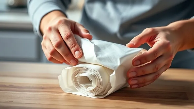 Photorealistic, professional photography, 8K, cinematic lighting, sharp focus, depth of field, shot on a high-end DSLR. Close-up on hands expertly wrapping a fitness wrap in parchment paper, showcasing the tight rolling technique. The wrap is firm and perfectly cylindrical, ready for a lunchbox. The background is a clean, modern kitchen counter.