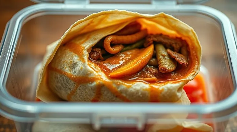 A close-up, photorealistic image of a soggy, unappetizing wrap inside a plastic lunchbox, with visible moisture and limp ingredients, evoking a sense of disappointment. Cinematic lighting, sharp focus on the wrap, depth of field blurring the background, 8K, professional photography, shot on a high-end DSLR.