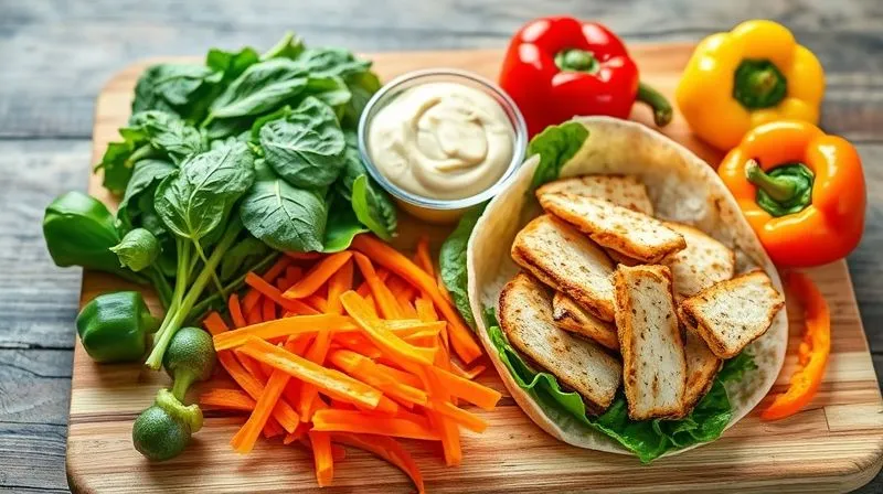 A vibrant, photorealistic flat lay image of fresh, crisp wrap ingredients laid out on a wooden cutting board: grilled chicken strips, shredded carrots, spinach, bell peppers, a small container of hummus, and separate small containers for dressing. Cinematic lighting, sharp focus on the ingredients, depth of field blurring the background, 8K, professional photography, shot on a high-end DSLR.
