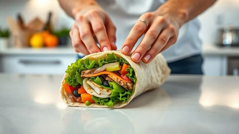 A pair of hands expertly rolling a healthy wrap on a clean kitchen counter. The wrap is tightly packed with colorful, fresh ingredients, and the hands are carefully tucking in the sides. The background is a modern, bright kitchen. Photorealistic, professional photography, 8K, cinematic lighting, sharp focus on the hands and wrap, depth of field, shot on a high-end DSLR.