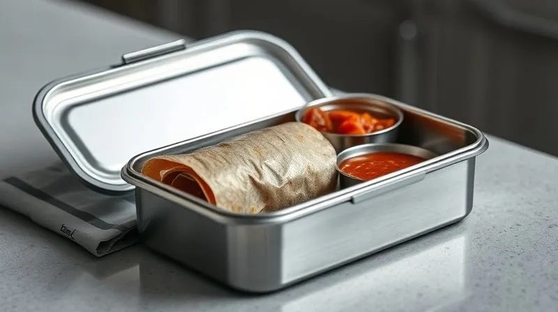 A sleek, modern lunchbox made of stainless steel, partially open, revealing a perfectly packed, dry wrap nestled in one compartment, and a small, separate container of vibrant salsa in another. A reusable ice pack is visible next to the lunchbox, all placed on a minimalist kitchen counter. Photorealistic, professional photography, 8K, cinematic lighting, sharp focus, depth of field, shot on a high-end DSLR.
