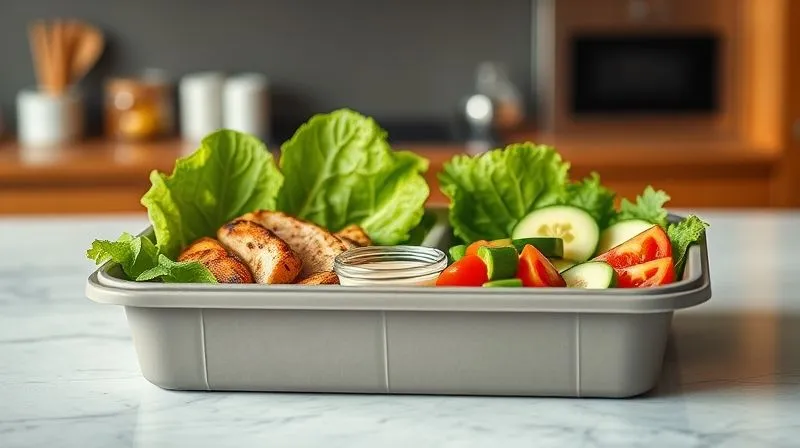 Photorealistic image of a modern, eco-friendly bento box with multiple compartments. One compartment holds vibrant green salad leaves, another has grilled chicken, a third contains cherry tomatoes and cucumber slices, and a small, separate, sealed container for salad dressing is neatly placed within the box. The background is a clean, bright kitchen counter, professional photography, 8K, cinematic lighting, sharp focus, depth of field, shot on a high-end DSLR.