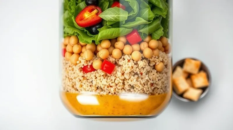 Photorealistic top-down view of a glass jar or cylindrical container, clearly showing distinct, colorful layers of a salad. The bottom layer is a light vinaigrette, followed by chickpeas, then diced bell peppers, cooked quinoa, and finally, a generous layer of fresh mixed greens. A small, separate container with croutons is placed next to it. Professional photography, 8K, cinematic lighting, sharp focus, depth of field, shot on a high-end DSLR.