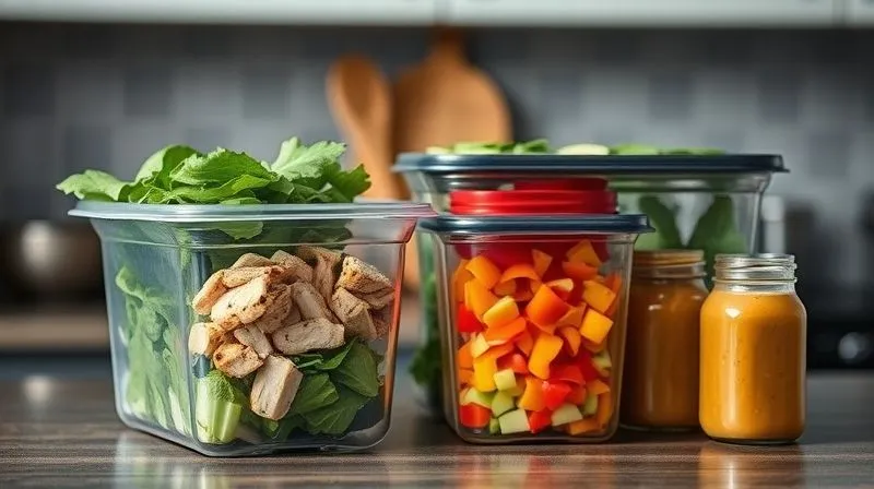 Photorealistic image of a kitchen counter with various meal prep containers. One container holds washed and dried mixed greens, another has perfectly diced grilled chicken, a third contains chopped bell peppers and cucumbers, and small jars are filled with homemade salad dressings. The scene is organized and clean, emphasizing efficiency. Professional photography, 8K, cinematic lighting, sharp focus, depth of field, shot on a high-end DSLR.