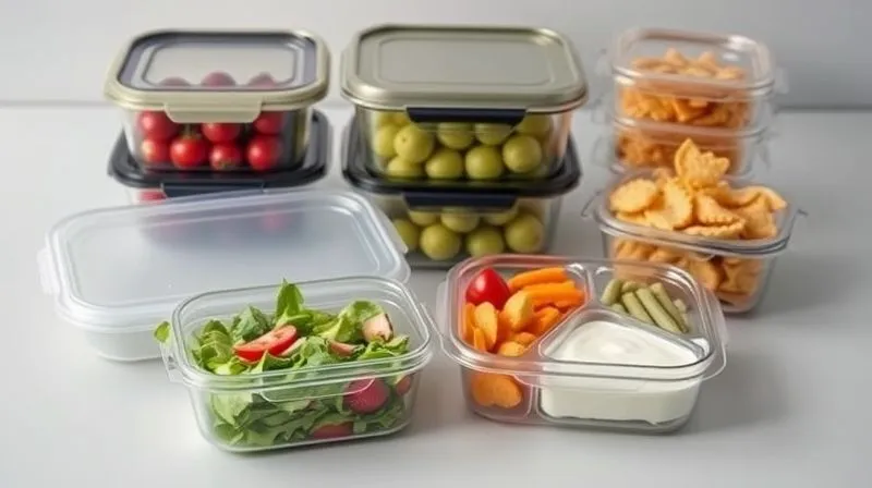 Photorealistic image of various modern, multi-compartment lunchboxes, some made of glass, some of high-quality BPA-free plastic, all looking sleek and sealed. One open lunchbox reveals distinct compartments for salad, dressing, and other snacks. Cinematic lighting, sharp focus, professional photography, 8K.