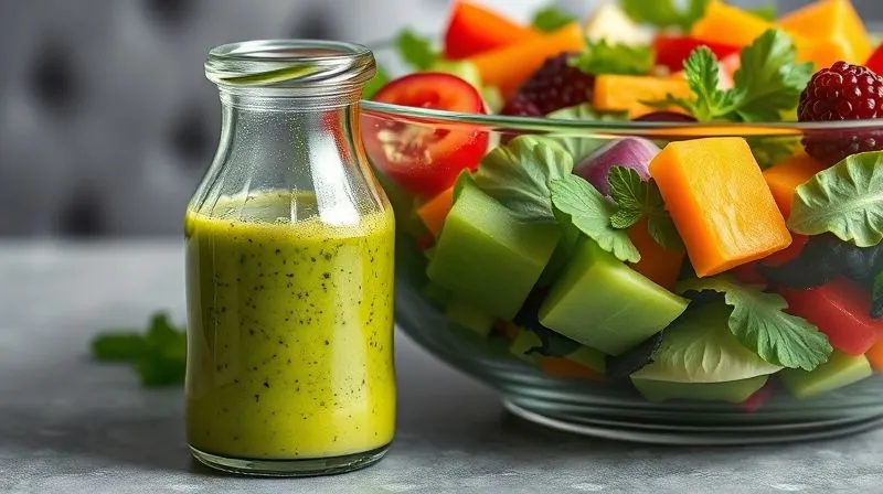 Photorealistic image of a small, perfectly sealed container filled with a vibrant green dressing, placed next to a large, clear glass salad bowl filled with fresh, colorful salad ingredients. The dressing container is slightly tilted to show its secure seal. Cinematic lighting, sharp focus, professional photography, 8K.
