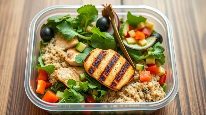 Photorealistic image of a vibrant, healthy salad in a lunchbox, featuring clear sections for grilled chicken breast, quinoa, mixed greens, and colorful chopped vegetables. The focus is on the rich variety of ingredients that contribute to satiety and freshness. Cinematic lighting, sharp focus, professional photography, 8K.