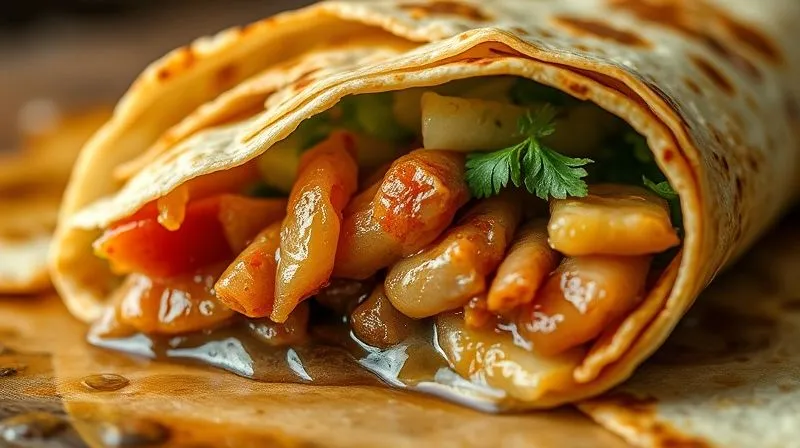 Photorealistic close-up of a soggy wrap, with moisture visibly seeping into the tortilla, ingredients looking unappetyzingly soft. Cinematic lighting, sharp focus on the wet texture, depth of field blurring the background, 8K hyper-detailed, shot on a high-end DSLR.