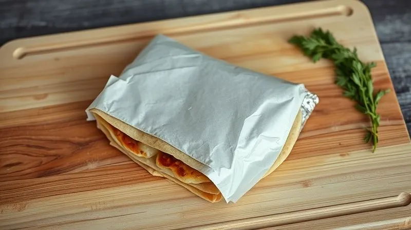 Photorealistic overhead shot of a perfectly wrapped low-calorie tortilla, half-wrapped in parchment paper and half in aluminum foil, on a clean wooden cutting board. The wrap looks compact and secure. Cinematic lighting, sharp focus on the wrapping technique, depth of field blurring the background, 8K hyper-detailed, shot on a high-end DSLR.