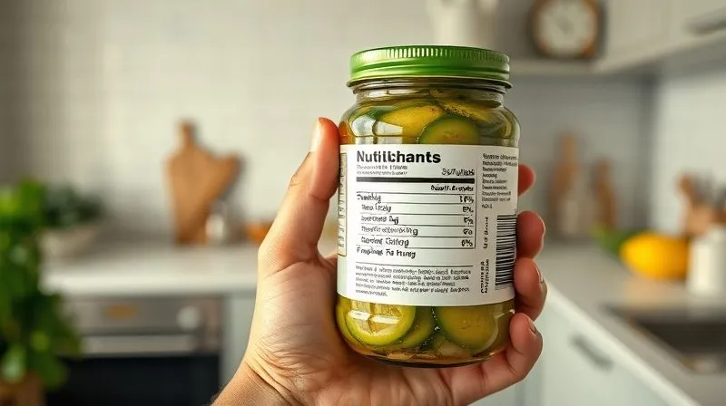 A photorealistic image of a hand holding a jar of pickled cucumbers, with the nutritional label in sharp focus, highlighting the 'Ingredients' and 'Carbohydrates' sections. The background is a clean, modern kitchen, 8K, cinematic lighting, sharp focus, depth of field, shot on a high-end DSLR.