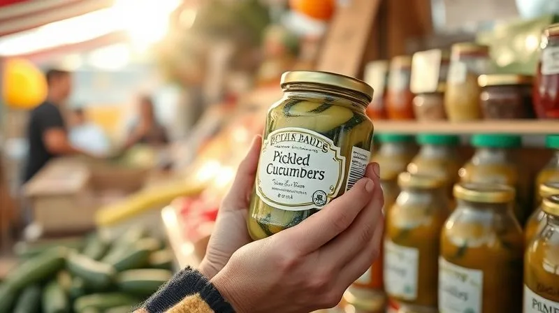 A photorealistic, professional photography, 8K, cinematic lighting, sharp focus, depth of field, shot on a high-end DSLR image of a person's hands carefully selecting a jar of pickled cucumbers from a well-stocked, artisanal market stall, focusing on the label. Sunlight streams in, creating a warm, inviting atmosphere, sharp focus, depth of field, shot on a high-end DSLR.
