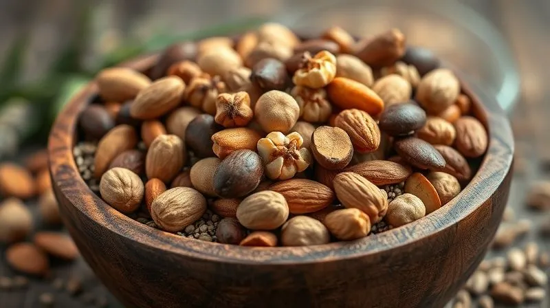 Photorealistic, professional photography, 8K, cinematic lighting, sharp focus, depth of field, shot on a high-end DSLR. A close-up shot of a rustic wooden bowl filled with a vibrant mix of various nuts (walnuts, almonds, hazelnuts) and seeds (chia, flax, pumpkin, sunflower). The background is softly blurred, highlighting the textures and natural colors of the ingredients, suggesting health and abundance.