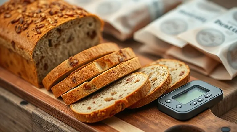 Photorealistic, professional photography, 8K, cinematic lighting, sharp focus, depth of field, shot on a high-end DSLR. A perfectly sliced, golden-brown nut bread on a rustic wooden cutting board. Each slice is uniform, with a small digital kitchen scale next to it, showing a precise weight. In the background, neatly stacked, individually wrapped portions of bread are visible, suggesting careful meal prep and portion control. The lighting is soft and natural.