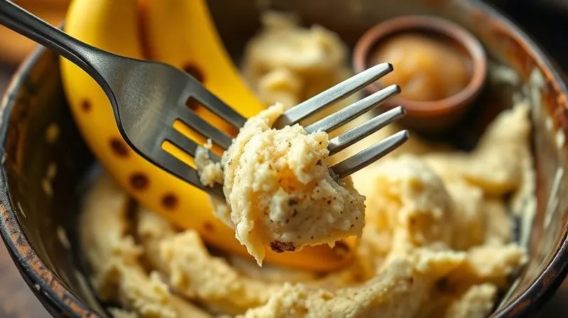 Photorealistic close-up of a perfectly ripe, dark-spotted banana being mashed with a fork in a rustic bowl, soft natural light, depth of field. A small bowl of unsweetened applesauce is visible in the background, suggesting healthy alternatives.