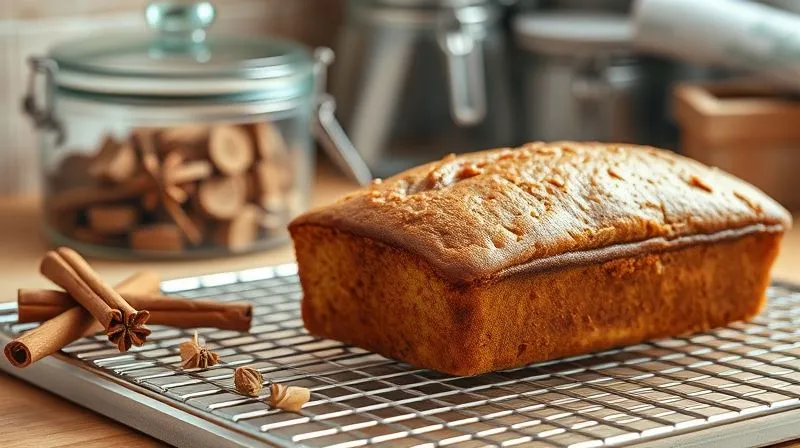 Photorealistic image of a perfectly baked, golden-brown fit banana bread loaf cooling on a wire rack, surrounded by various spices like cinnamon sticks and vanilla pods. In the background, a sealed glass container and a roll of cling film are visible, suggesting proper storage. Warm kitchen lighting, sharp focus on the bread.