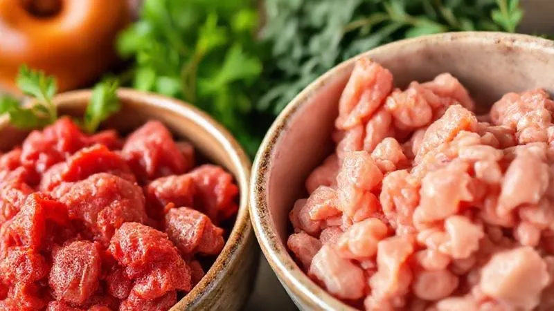 Photorealistic close-up of three bowls, each containing different types of raw lean ground meat: one with bright red lean ground beef, one with light pink ground turkey breast, and one with pale ground chicken breast. All are fresh and vibrant, with soft, natural lighting, sharp focus on the meat textures, depth of field, 8K, professional photography.