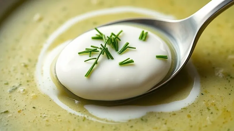 A close-up, photorealistic shot of a creamy parsley soup being topped with a spoonful of white Greek yogurt and a sprinkle of chopped fresh dill, steam rising. Cinematic lighting, sharp focus, depth of field, 8K, shot on a high-end DSLR.