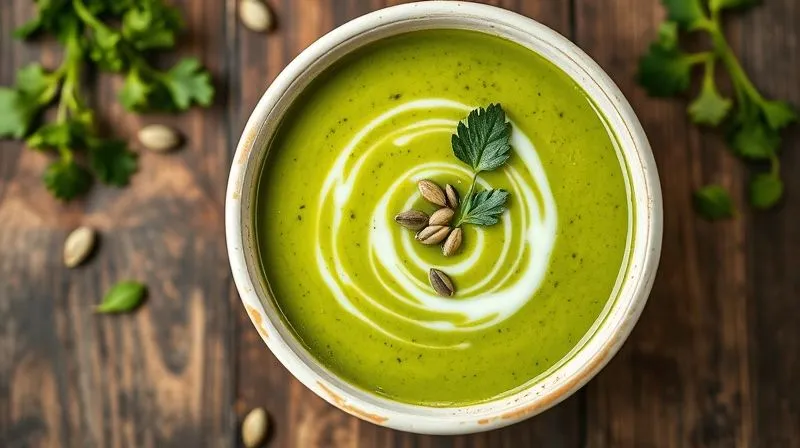 A photorealistic, top-down shot of a vibrant green parsley cream soup, with a delicate swirl of olive oil and a sprinkle of pumpkin seeds on top. The bowl is on a rustic wooden table. Cinematic lighting, sharp focus, depth of field, 8K, shot on a high-end DSLR.