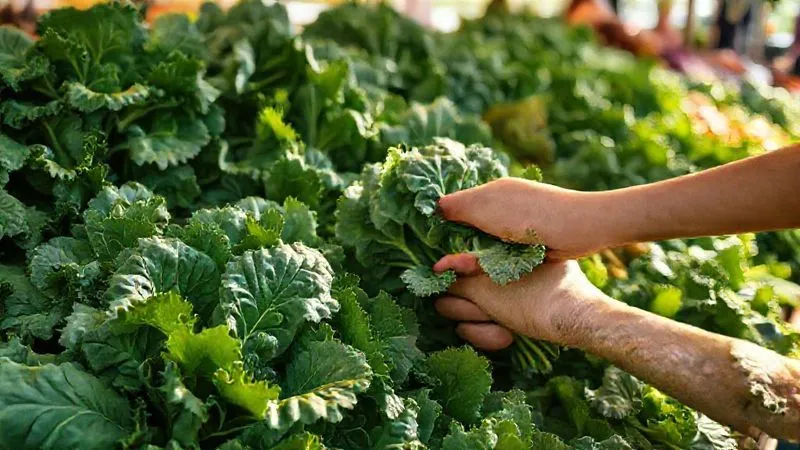 photorealistic, professional photography, 8K, cinematic lighting, sharp focus, depth of field shot of a vibrant display of fresh, deep green kale leaves at a bustling farmer's market. Sunlight gently illuminates the produce, highlighting the natural textures and colors of the various kale varieties, with a hand reaching out to select a bunch.