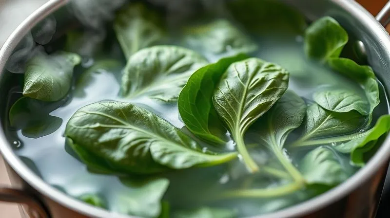 Photorealistic image of fresh spinach leaves being blanched in a pot of boiling water, steam rising, with a colander ready to drain, cinematic lighting, sharp focus, depth of field, 8K, shot on a high-end DSLR.