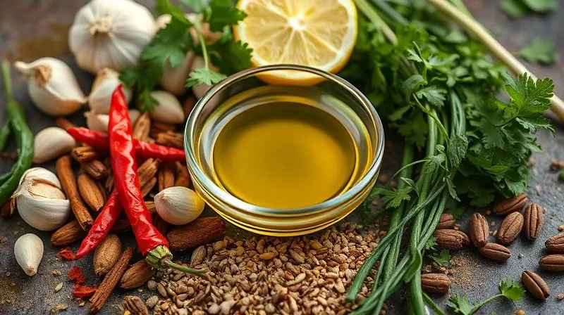 Photorealistic image of various fresh herbs and spices (garlic cloves, grated nutmeg, red chili flakes, cumin seeds, fresh coriander sprigs) artfully arranged around a small bowl of extra virgin olive oil and a bright lemon wedge, cinematic lighting, sharp focus, depth of field, 8K, shot on a high-end DSLR.