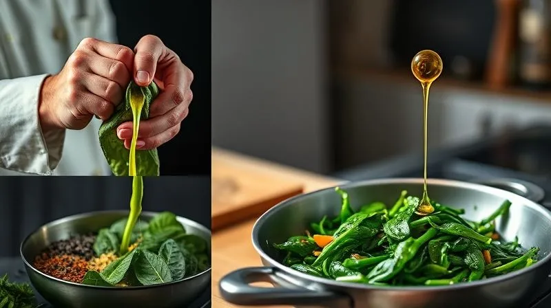 Photorealistic image of various common cooking mistakes being avoided: a chef's hands expertly squeezing excess water from blanched spinach, a spice rack overflowing with colorful herbs and spices, a drizzle of high-quality olive oil over a dish, and perfectly cooked, vibrant green spinach in a pan, cinematic lighting, sharp focus, depth of field, 8K, shot on a high-end DSLR.