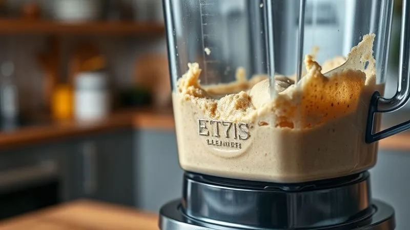 A close-up, photorealistic image of cooked millet being blended into a smooth, creamy paste in a high-speed blender, with a blurred background of a modern kitchen. Cinematic lighting, sharp focus on the blending process, depth of field. 8K hyper-detailed, professional photography, shot on a high-end DSLR.