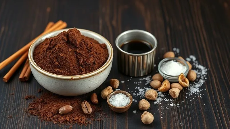 A photorealistic, professional photography shot of various high-quality ingredients for brownie making, arranged artfully on a dark wooden background: a bowl of dark cocoa powder, vanilla beans, a small espresso cup, sea salt flakes, and chopped walnuts. Cinematic lighting, sharp focus on the ingredients, depth of field. 8K hyper-detailed, shot on a high-end DSLR.