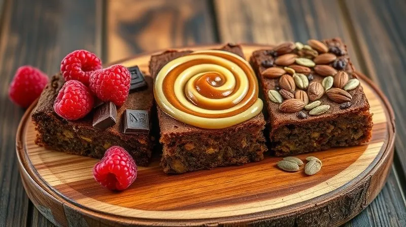 A beautifully styled, photorealistic image of three different variations of millet brownies on a rustic wooden board. One with fresh raspberries and dark chocolate chunks, another with a swirl of peanut butter and a drizzle of date caramel, and a third with a sprinkle of autumn spices and pumpkin seeds. Cinematic lighting, sharp focus, depth of field. 8K hyper-detailed, professional photography, shot on a high-end DSLR.