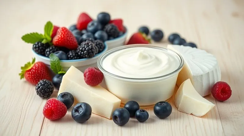 Photorealistic, professional photography, 8K, cinematic lighting, sharp focus, depth of field, shot on a high-end DSLR. A selection of high-quality dairy products: creamy Greek yogurt, quark cheese (twaróg), and fresh berries, artfully arranged on a light wooden surface, emphasizing freshness and natural ingredients.