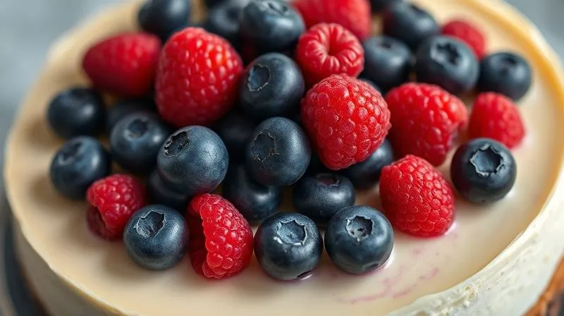 Photorealistic, professional photography, 8K, cinematic lighting, sharp focus, depth of field, shot on a high-end DSLR. A close-up shot of a perfectly set, creamy cold cheesecake, with a vibrant layer of fresh, shiny berries on top, specifically blueberries and raspberries. The cheesecake surface is smooth and uniform, indicating no water separation. Focus on the texture and appealing colors.