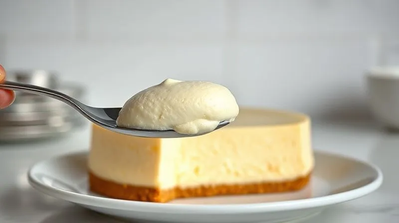 Photorealistic, professional photography, 8K, cinematic lighting, sharp focus, depth of field, shot on a high-end DSLR. A close-up of a spoon gently scooping a creamy, perfectly set fit cold cheesecake, showing its smooth, rich texture. The background is a clean, minimalist kitchen setting, emphasizing the dessert's simple elegance and perfection.
