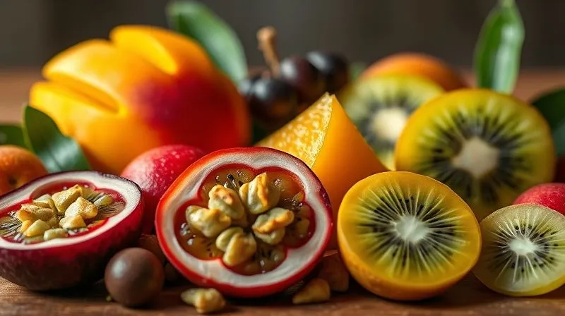 Photorealistic, professional photography, 8K, cinematic lighting, sharp focus, depth of field, shot on a high-end DSLR. A vibrant, artfully arranged collection of fresh fruits like mango, passion fruit, and kiwi, alongside natural sweeteners like honey and stevia, suggesting healthy flavor variations for a fit cheesecake. Soft, inviting light highlights the textures and colors.