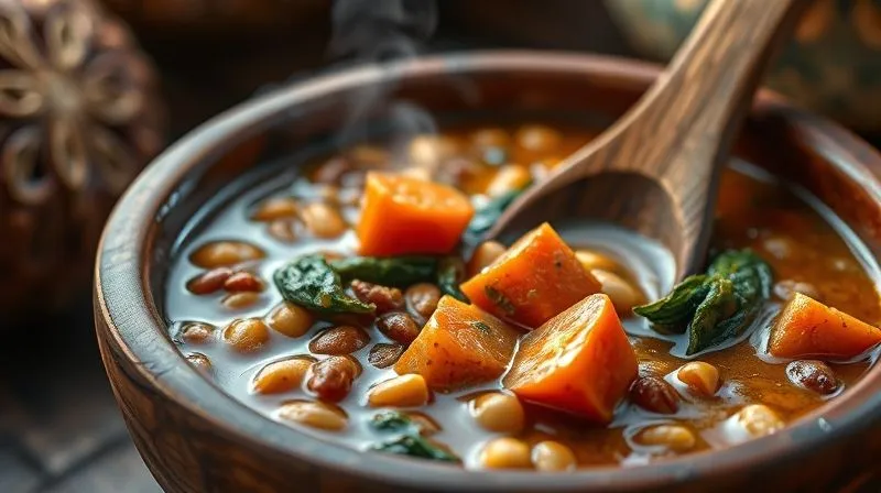 Photorealistic, professional photography, 8K, cinematic lighting, sharp focus, depth of field, shot on a high-end DSLR. A vibrant, rustic wooden bowl filled with a hearty vegetarian curry. Prominently featured are chunks of perfectly cooked carrots, alongside lentils, chickpeas, and spinach. Steam gently rises, illuminated by warm, natural light, emphasizing the comforting and satisfying nature of the meal. A wooden spoon rests in the bowl, inviting a taste.