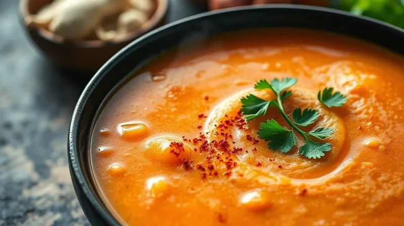 Photorealistic, professional photography, 8K, cinematic lighting, sharp focus, depth of field, shot on a high-end DSLR. A close-up shot of a vibrant, steaming bowl of carrot and ginger soup, garnished with fresh cilantro and a sprinkle of smoked paprika. The rich color of the soup is emphasized, with subtle textures and reflections, conveying warmth, depth of flavor, and comforting satiety. The setting is a rustic kitchen table with soft, natural light.