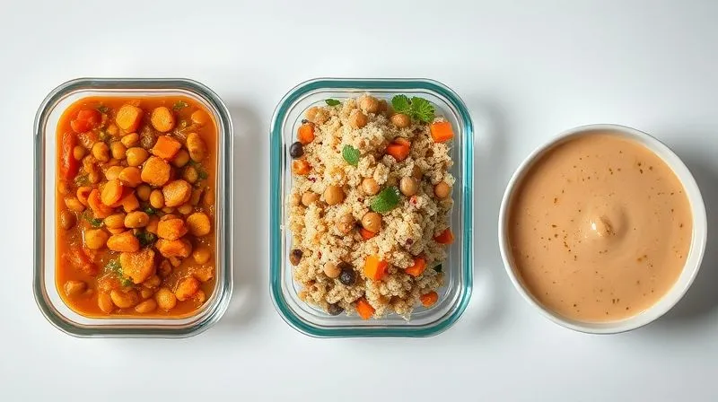 Photorealistic, professional photography, 8K, cinematic lighting, sharp focus, depth of field, shot on a high-end DSLR. A perfectly composed flat lay of a healthy vegetarian meal prep for a day. Three distinct containers: one with a vibrant carrot and lentil stew, another with a colourful quinoa salad with roasted carrots and chickpeas, and a third with a creamy carrot and ginger soup. The overall image conveys organization, health, and delicious satiety, with a clean, bright aesthetic.
