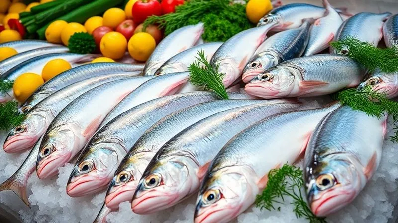 A vibrant, photorealistic image of a fresh fish market stall. Various types of whole, raw white fish are displayed on crushed ice, with glistening scales and clear, bright eyes. Fresh lemons, herbs (dill, parsley), and colorful vegetables are arranged around them. The lighting is bright and natural, emphasizing the freshness and quality of the produce. Sharp focus on the fish in the foreground, with a shallow depth of field. Shot on a high-end DSLR, 8K hyper-detailed, professional photography.