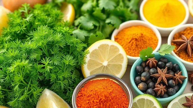 A close-up, photorealistic image of a vibrant array of fresh culinary herbs and spices. Bright green dill, parsley, and cilantro are artfully arranged alongside colorful bowls of ground paprika, turmeric, black peppercorns, and whole star anise. Lemon and lime wedges are scattered among them. The lighting is bright and natural, highlighting the textures and colors. Sharp focus on the foreground elements, with a soft depth of field. Shot on a high-end DSLR, 8K hyper-detailed, professional photography.