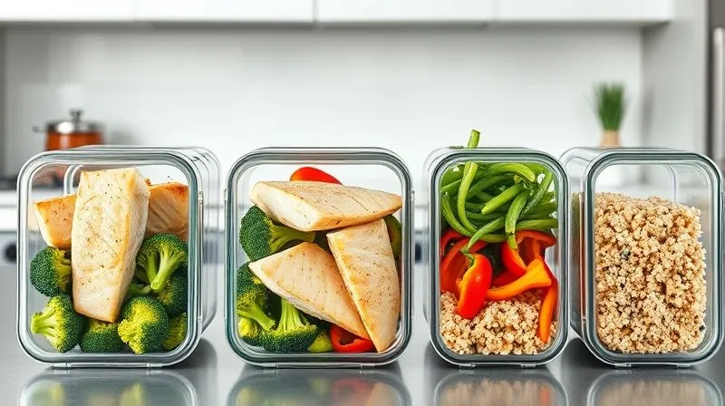 A photorealistic, professional photography image of several clear glass meal prep containers neatly arranged on a modern kitchen counter. Each container holds a portion of cooked white fish, vibrant steamed vegetables (broccoli, bell peppers), and a side of quinoa. The containers are labeled with days of the week. The background is a clean, minimalist kitchen with soft, natural lighting. Sharp focus on the containers, with a gentle depth of field. Shot on a high-end DSLR, 8K hyper-detailed, practical and organized.