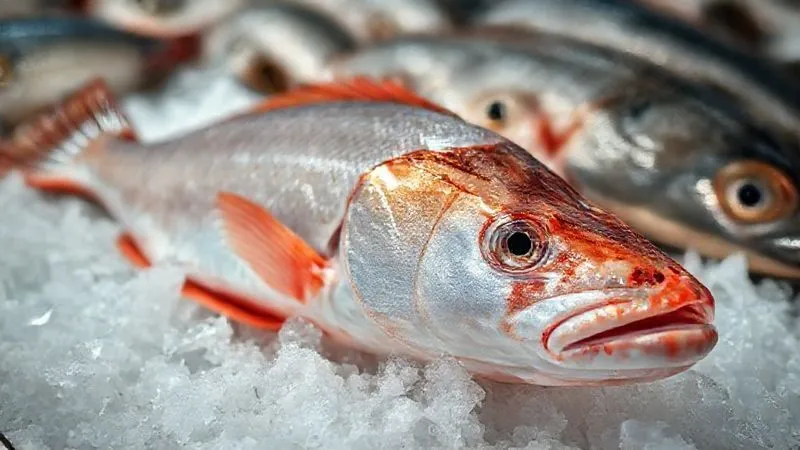 A professional, photorealistic close-up of a fresh, raw whole cod fish lying on a bed of crushed ice in a fish market display. The fish has clear, bright eyes, vibrant red gills, and shiny, intact scales. Soft, cool cinematic lighting, sharp focus on the fish's details, depth of field blurring the background of other fish. 8K hyper-detailed, shot on a high-end DSLR, emphasizing freshness and quality.