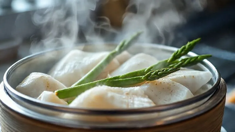 A professional, photorealistic close-up of a steamer basket filled with white fish fillets (cod or tilapia) and fresh green asparagus, gently steaming. Steam is visibly rising, creating a soft, ethereal glow. Cinematic lighting emphasizes the delicate texture of the fish and the vibrant color of the vegetables. Sharp focus on the food, with a blurred, clean kitchen background. 8K hyper-detailed, shot on a high-end DSLR, conveying health and freshness.