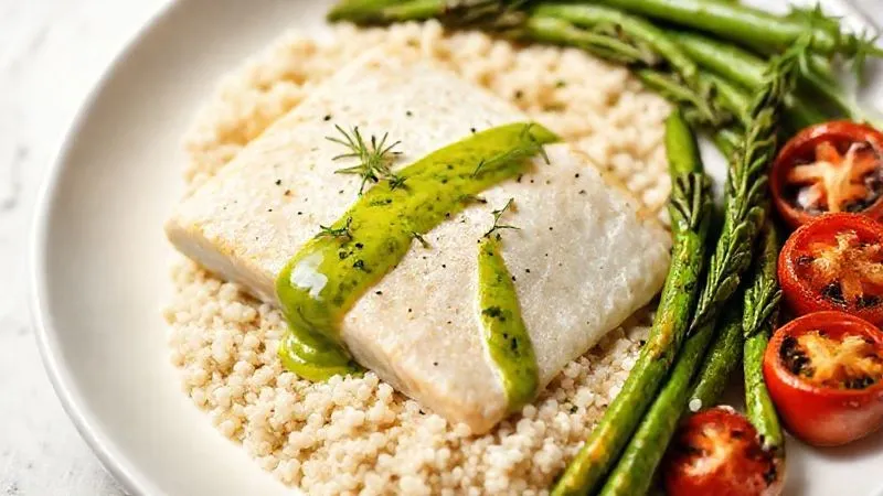 A professional, photorealistic image of a perfectly composed healthy meal. In the center, a flaky, steamed white fish fillet is drizzled with a vibrant green dill-yogurt sauce. It's surrounded by a colorful array of steamed vegetables: bright green asparagus, roasted cherry tomatoes, and a small portion of fluffy quinoa. The plate is white and minimalist. Soft, natural cinematic lighting, sharp focus on the food, depth of field blurring a clean, light background. 8K hyper-detailed, shot on a high-end DSLR, emphasizing health, flavor, and visual appeal.