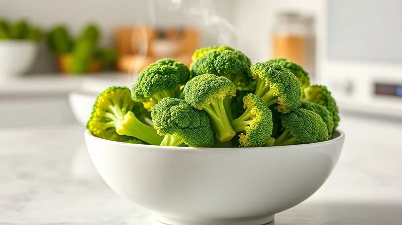 Photorealistic, professional photography of perfectly steamed, vibrant green broccoli florets arranged neatly in a white bowl, with steam gently rising. The background is a clean, minimalist kitchen counter. Sharp focus on the broccoli, depth of field blurring the background, 8K, cinematic lighting, shot on a high-end DSLR, emphasizing freshness and ideal texture.