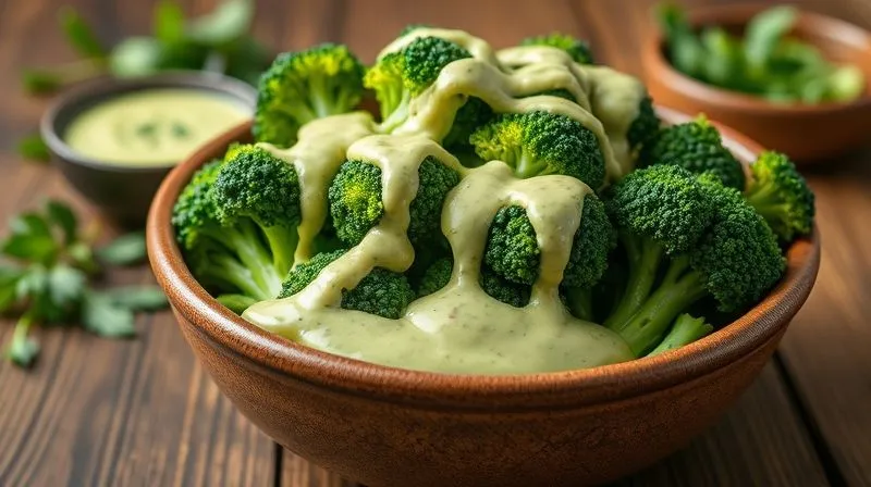Photorealistic, professional photography of a serving of perfectly steamed broccoli florets drizzled generously with a creamy, vibrant green plant-based herb sauce, possibly a tahini-dill or avocado-lime sauce. The broccoli is in a rustic ceramic bowl on a wooden table, with a small bowl of the sauce and fresh herbs in the background. Sharp focus on the sauced broccoli, depth of field creating a soft blur, 8K, cinematic lighting, shot on a high-end DSLR, emphasizing deliciousness and richness.