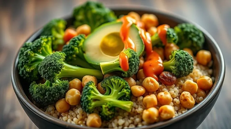 Photorealistic, professional photography of a vibrant and creative vegetarian dish featuring broccoli, perhaps a Buddha bowl with steamed broccoli florets, quinoa, roasted chickpeas, avocado slices, and a colorful drizzle of sauce. The composition is artistic and inviting, suggesting a full, satisfying meal. Sharp focus on the variety of ingredients, depth of field blurring the background, 8K, cinematic lighting, shot on a high-end DSLR, emphasizing innovation and health.