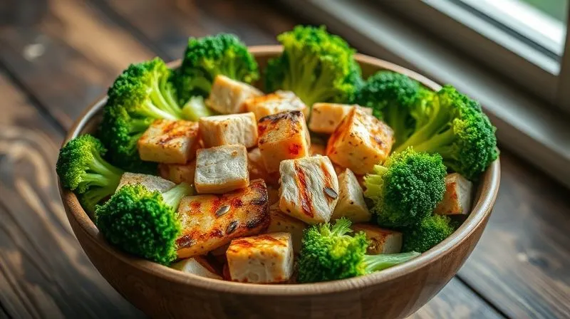 A photorealistic image of a bowl of vibrantly green steamed broccoli florets mixed with perfectly grilled chicken breast cubes and a sprinkle of sesame seeds, set on a rustic wooden table with soft, natural light coming from a window. The focus is on the textures and freshness of the food, conveying a sense of healthy abundance and satisfaction, 8K, cinematic lighting, sharp focus, depth of field, shot on a high-end DSLR.