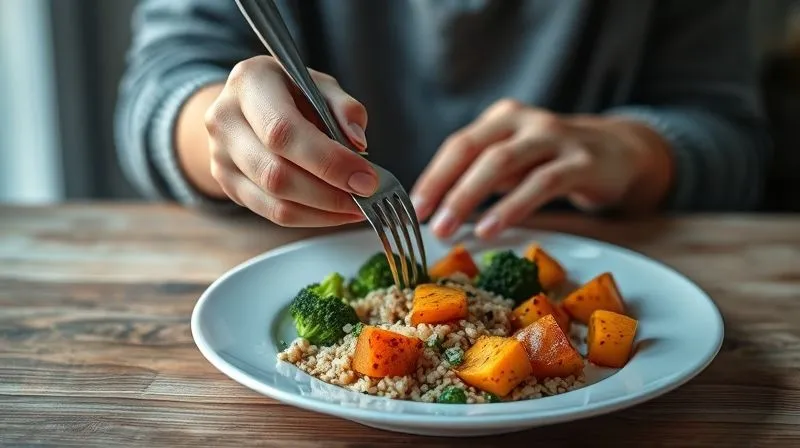 A photorealistic, professional photography, 8K, cinematic lighting, sharp focus, depth of field, shot on a high-end DSLR of a person's hands gently holding a fork over a perfectly portioned, colorful plate of food. The plate contains steamed broccoli, quinoa, and roasted sweet potato cubes. The background is softly blurred, suggesting a calm, focused mealtime without distractions. The scene evokes a sense of peace, mindfulness, and healthy eating.