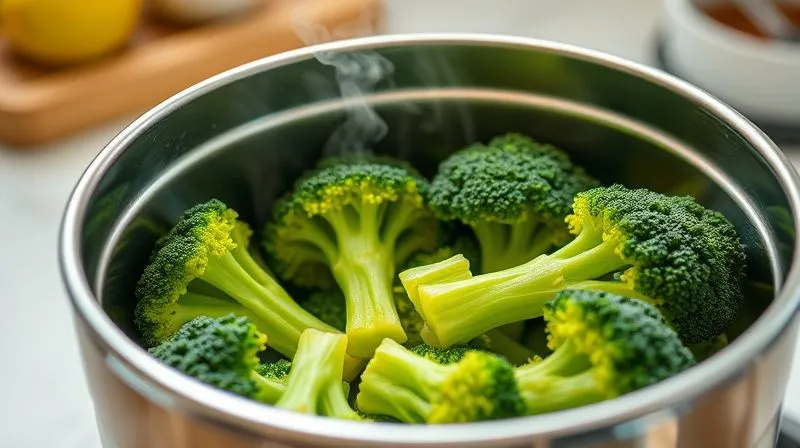 A close-up shot of vibrant green broccoli florets being perfectly steamed in a modern stainless steel steamer basket, with steam gently rising. The background is a clean, minimalist kitchen setting. Photorealistic, professional photography, 8K, cinematic lighting, sharp focus, depth of field. Shot on a high-end DSLR.